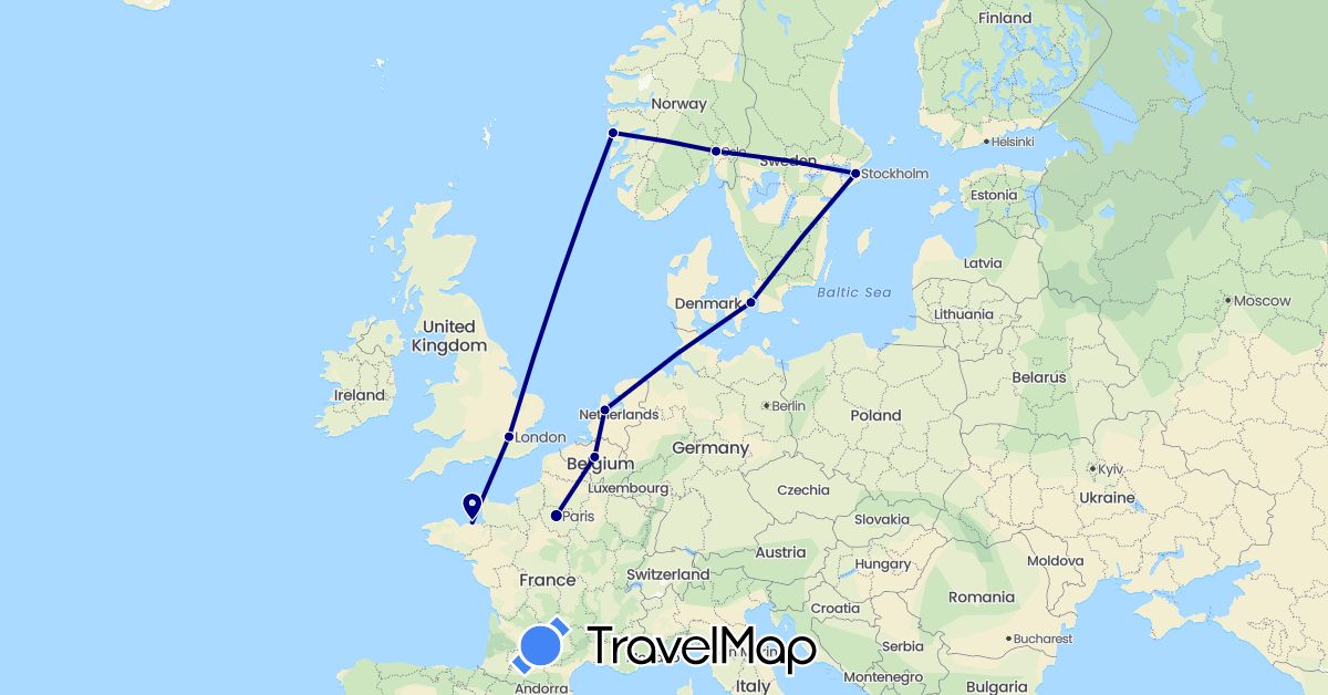TravelMap itinerary: driving in Belgium, Denmark, France, United Kingdom, Netherlands, Norway, Sweden (Europe)